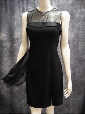 Vtg Y2K Ever Beauty 90s Black Sheer Illusions Neckline‎ Dress, Chiffon Bow, Sz 4